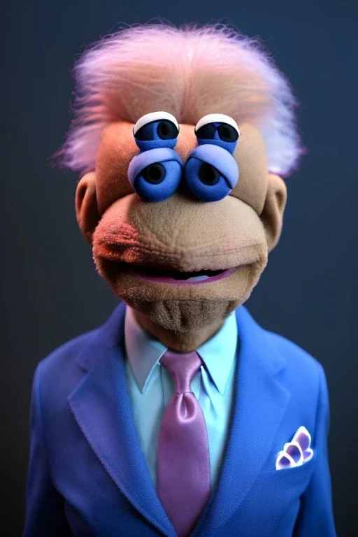 Waist up muppet Portrait, joe Biden as muppet doll, Blue suit retro style, photo studio, blue background, unreal engine 5, concept art, art station, god lights, ray tracing, RTX, lumen lighting, ultra detail, volumetric lighting, 3d.