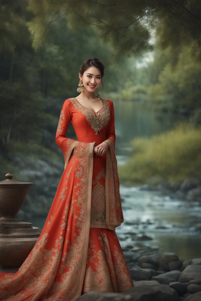 ((full shot body)) photo of the most beautiful artwork in the world featuring model, smiling, , High Detail, Sharp focus, dramatic, photorealistic, ultra sharp, ultra hd, hyper realistic, ultra realistic, ((((dress)))), trending on artstation, sharp focus, studio photo, intricate details, highly detailed, standing in nice pose in country side with river ,water fall ,rocky vally