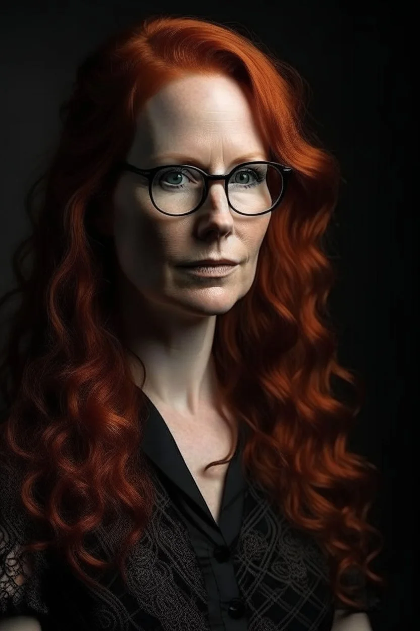 simone simons, curly, redhead, glasses on, beauty dress