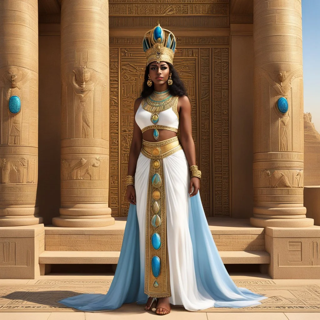 Ah, the queen of Egypt standing from her leather sandals to her tiara decorated with the opale scarab, a vision of regal beauty, her eyes reflecting the ancient wisdom of the Nile itself. She stands on her balcony, a queen among mortals, her gaze piercing through the lens of the camera, capturing the essence of her power and grace. Behind her, the stone balcony overlooks the mighty Nile, its waters flowing like the lifeblood of the land, carrying with it the stories of centuries past. she has hi