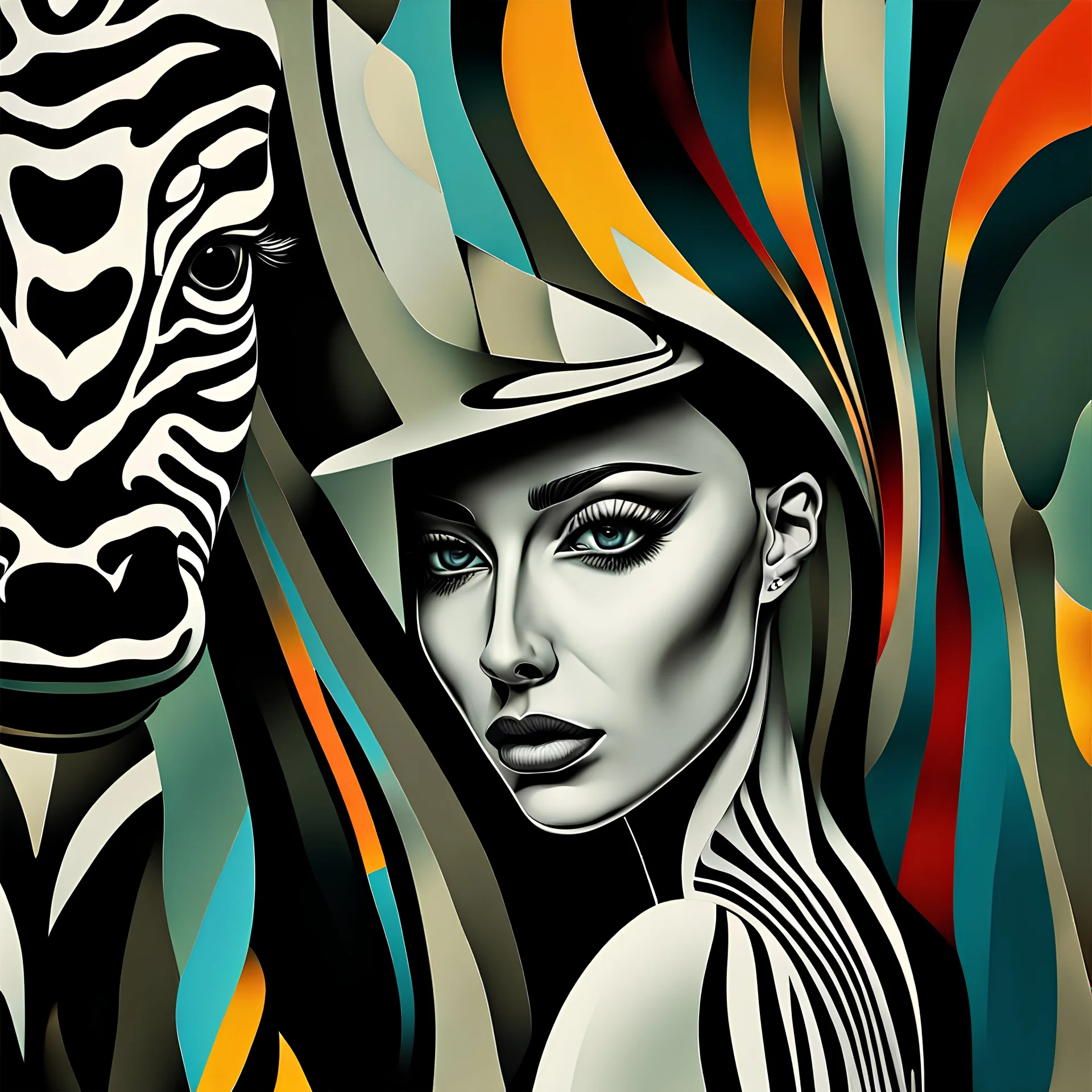 Zebra painting with a woman's face, inspired by Peter Griek, mesmerizing contemporary digital art, complex face, abstract portrait, inspired by Alan Tasso, abstract face, artistic digital art, trending digital art, sophisticated digital art, inspired by Igor Mursky, abstract surrealism masterpiece , by Laszlo Balog