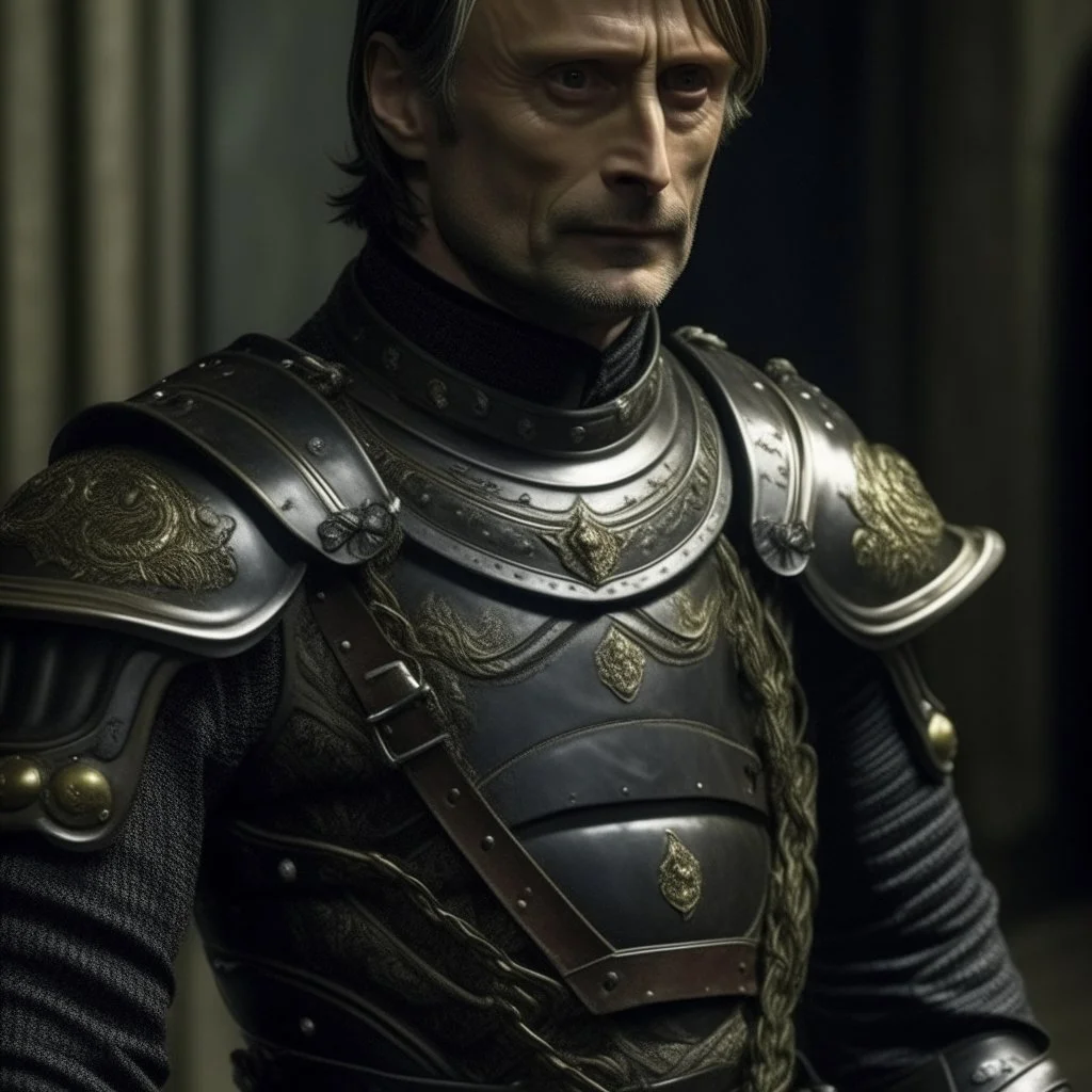 mads mikkelsen dresses in knight's armour, high quality photo