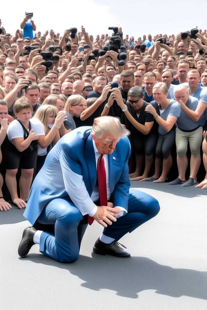 donald trump standing above hundreds of people on their knees