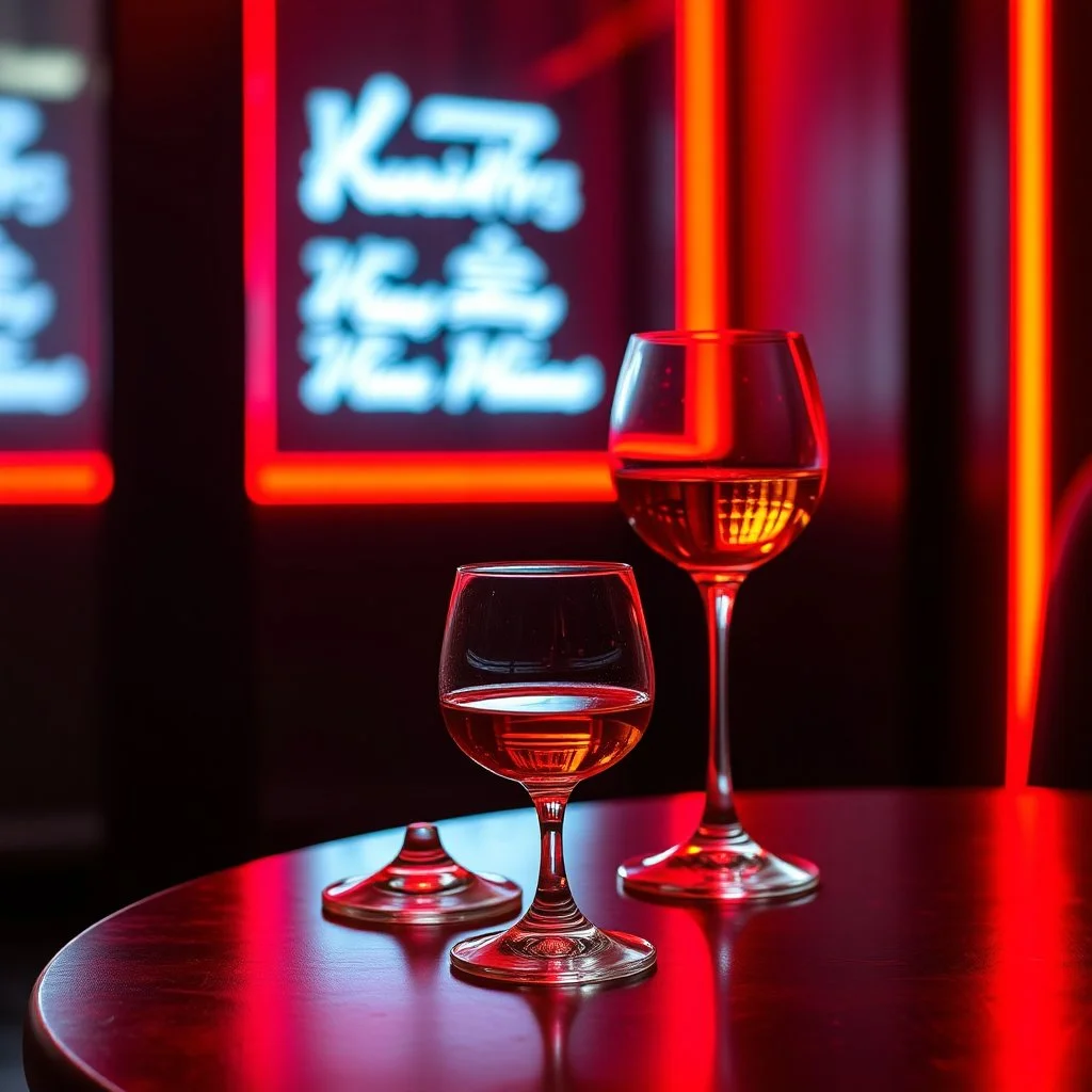 a table showing two whisky glasses in a dark room, red neon hues