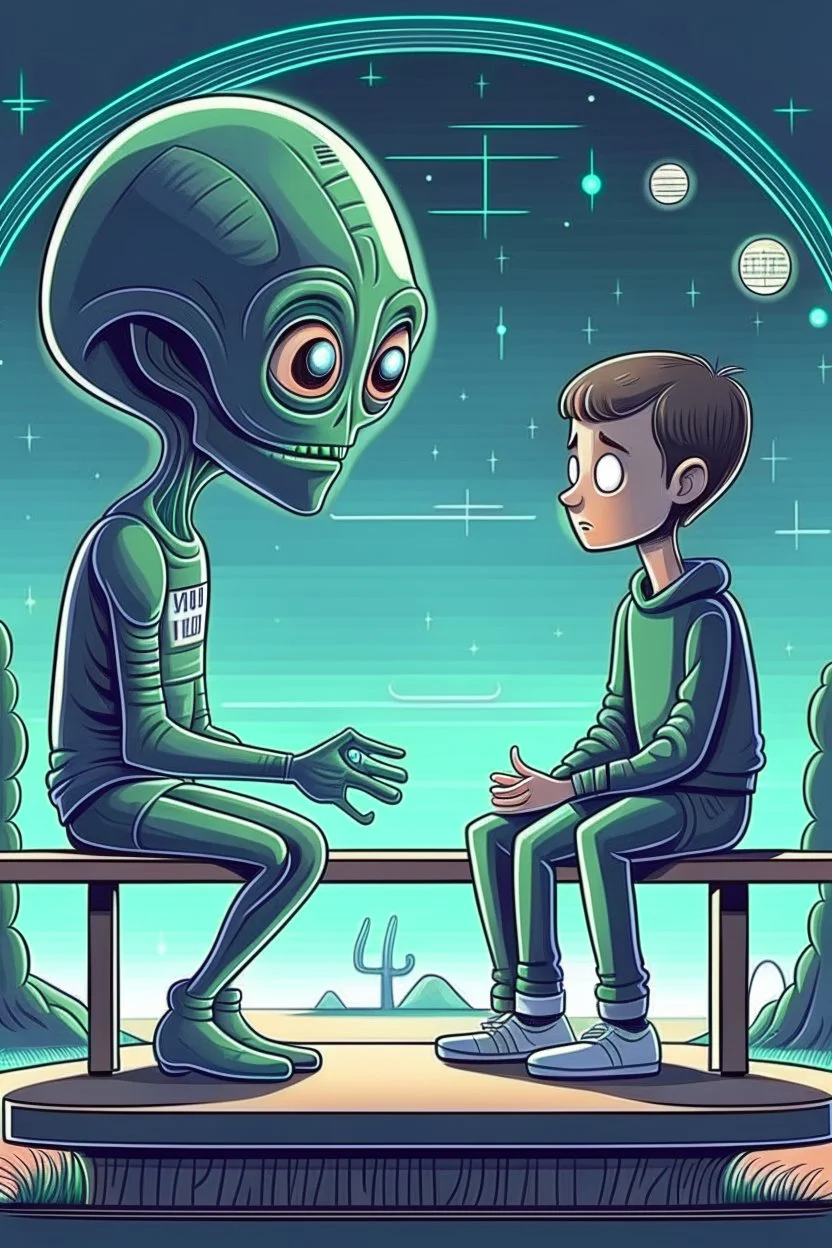 alien and a boy sitting on a bench. alien isshowing boy with his alien hand the universe that boy never saw with his human eyes. there are geometric stuff all around and some planet stuff. boy and alien are friends.
