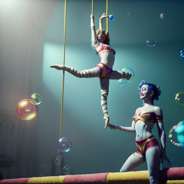 Ultra realistic circus scene. Classic acrobat woman, waist up view, Wes Anderson style, happy, bubbles, highly detailed, concept art, unreal engine 5, god rays, ray tracing, RTX, lumen lighting, ultra detail, volumetric lighting, 3d, finely drawn, high definition, high resolution.