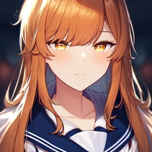 Clear focus,8k,Beatiful Lighting,Beatiful Blur,Beatiful Face,Beatiful Shading,Amber long hair,fluffy hair, long fluffy bangs, Cyan eyes, wearing a sailor uniform, Extreme Close Up