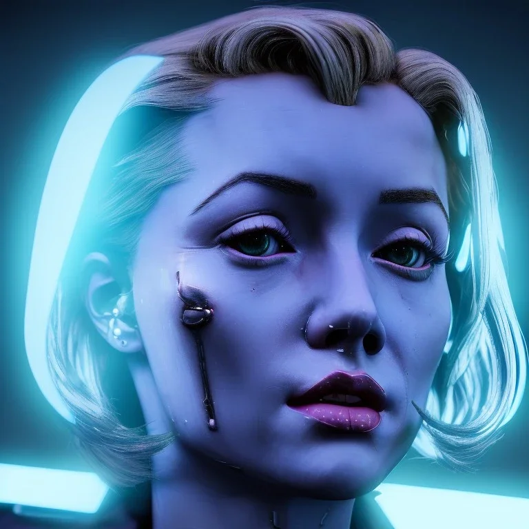 Ultra Realistic image, portrait, blonde woman, Marylin Monroe face, perfect iris, glow eyes, glow makeup. Cyborg, Cyberpunk, ghost in the shell style, oversized tight latex dress. fog, rain, soft color, highly detailed, unreal engine 5, ray tracing, RTX, lumen lighting, ultra detail, volumetric lighting, 3d, finely drawn, high definition, high resolution.