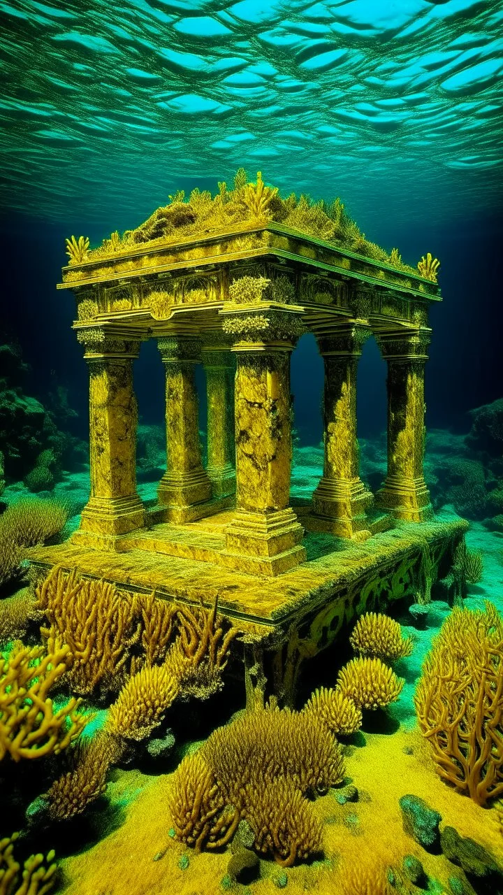 A golden yellow underwater reef with a submerged temple designed in ancient Roman mosaics painted by Andy Warhol