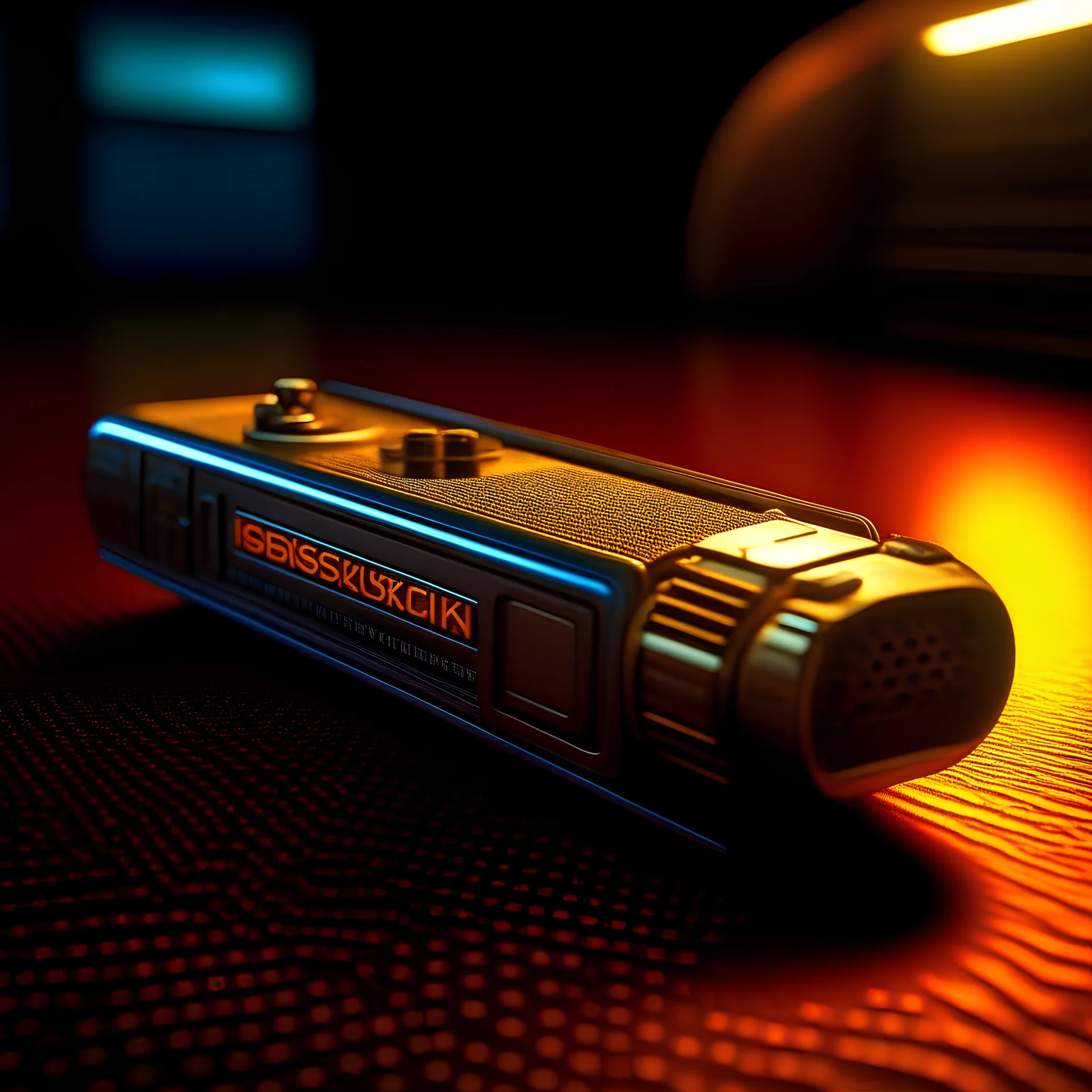 "Sandisk USB stick", retro style, very detailed, amazing movie style imax lighting, sitting on a table, super realistic and sci fi theme