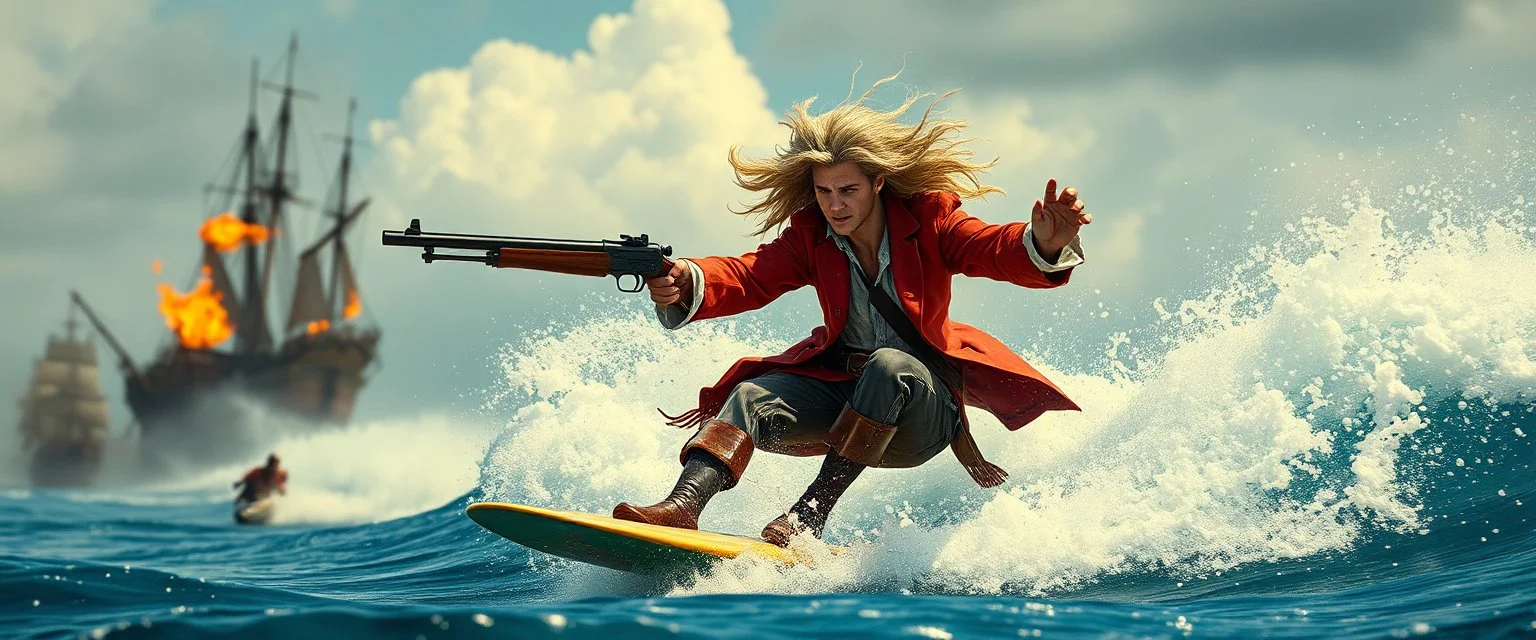 movie poster, pirate shotgun Amadeus Mozart playing with his wig, looking hot and crazy on a surfboard on a big wave, burning ship, and pissed of sharks