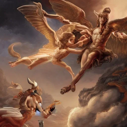 The winged messenger Hermes delivering a message to Zeus but Zeus is a Hydra. Medusa and the Minotaur are fighting in the background. High definition oil painting.