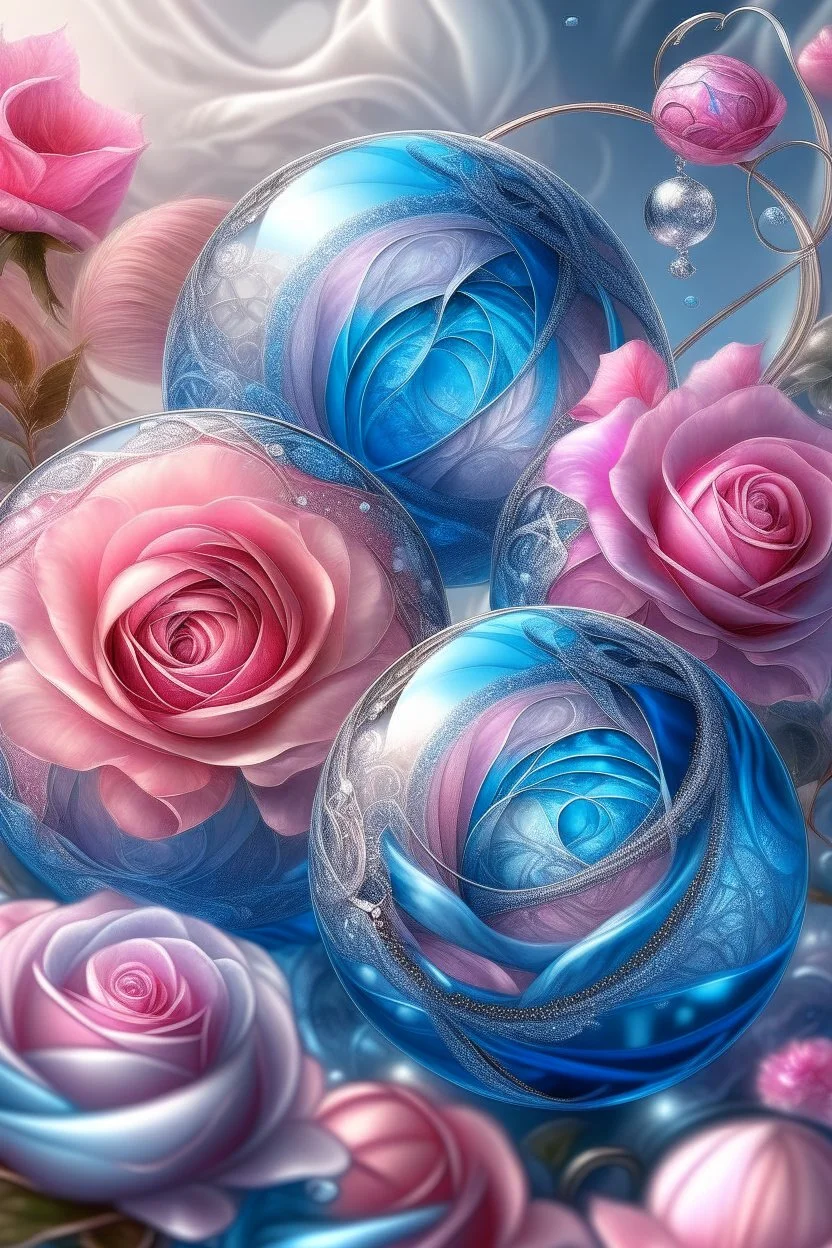 MAGIC ROSE balls,gusts of wind,spiral, patterns ,silver pink blue, composition,flowers,pearls, silk,colored ribbons ,realistic,macro,delicate colors grace, transparent,aesthetically pleasing,hyper detailed,unusual,combination is extremely beautiful,drawing details ,magic,aesthetics, bright light, clarity,fantastically,,close-up, filigree,pastel,watercolor,detailed drawing..,hyperdetalization,surrealism,glitter,5d ,transparent details,futuristic,best quality.