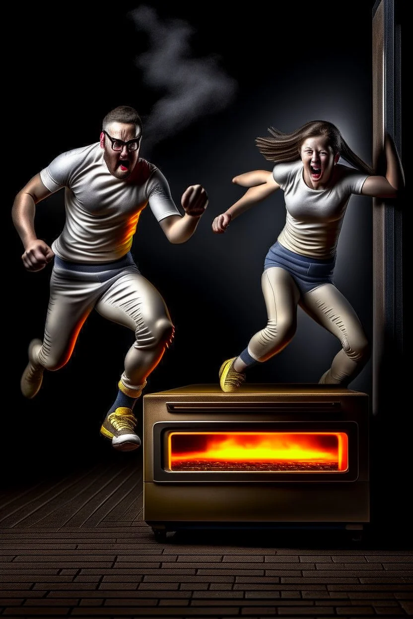 2 people running away in fear as there oven grows legs