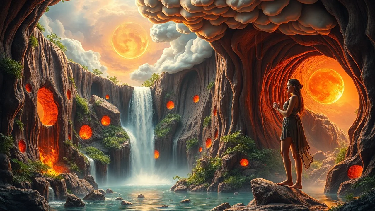 waterfall full of holes with various jungle flowing spiral cloud neon colorful Unique open cliff burning rippled surrealistic artwork with shiny shackled by cliff and sea island, while holding a waterfall doing pulling, the open cavity inside the body is a scene of an ancient Egyptian painting in the Gesang desert 5D diorama, with seven open panels revealing a forest with a thousand shadows, and fantasy triple exposure of a beautiful Balinese girl with magic breast milk and telepathic abilities