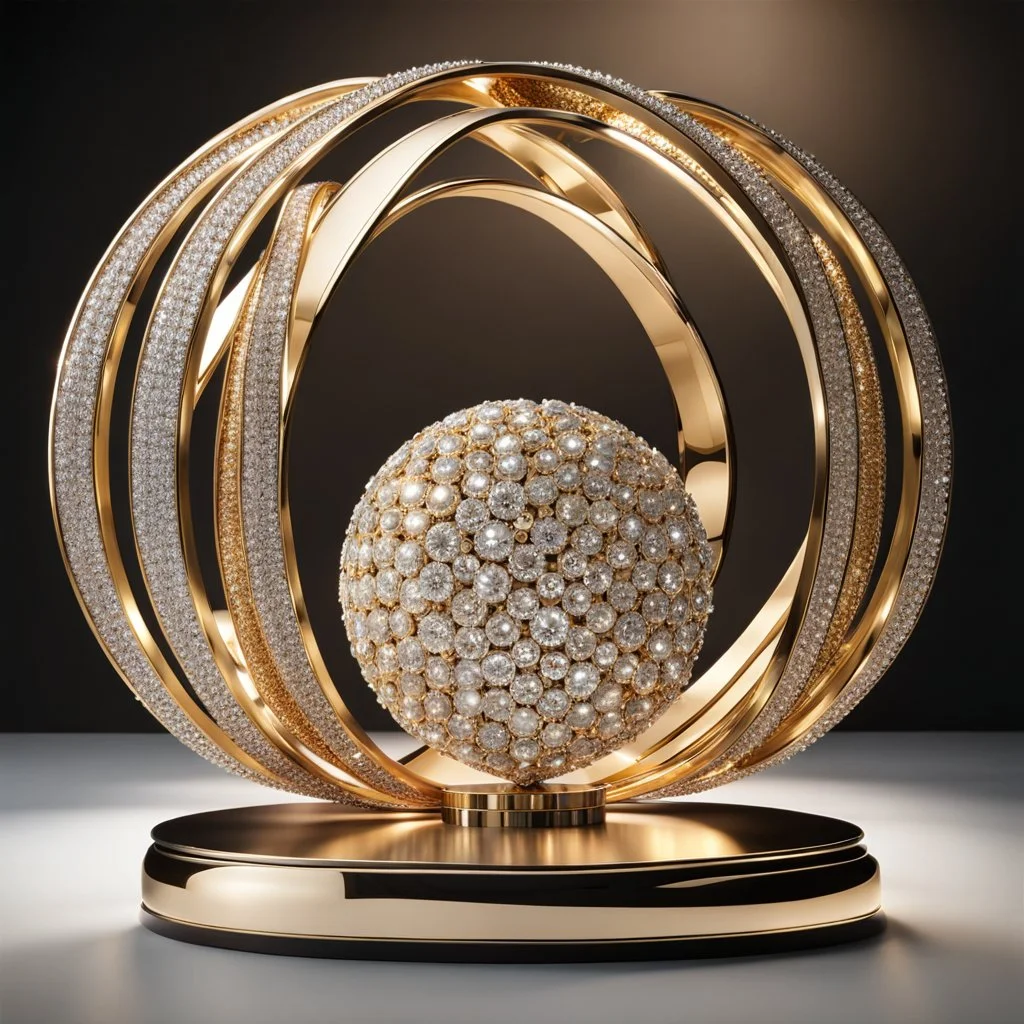 A magnificent golden and silver heart-shaped sign adorned with a stunning golden sphere encrusted with sparkling diamond clusters at its center, elegantly spinning in position.