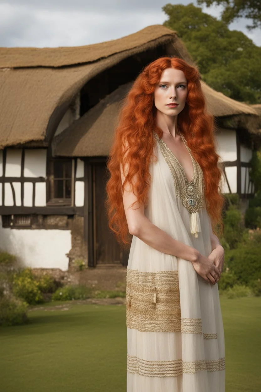 full body and headshot of a skinny Cleopatra, with long wavy red hair, in a floaty dress, standing on a village green, with thatched roof cottages behind