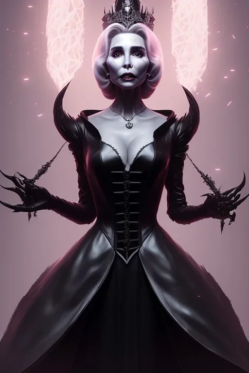 Constance Langdon as evil queen in black leather, leather, busty, cleavage, angry, stern look. character design by cory loftis, fenghua zhong, ryohei hase, ismail inceoglu and ruan jia. unreal engine 5, artistic lighting, highly detailed, photorealistic, fantasy