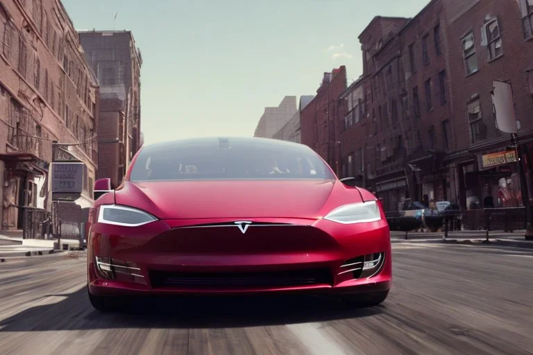 A Tesla 'Model S' is racing at top speed, in Greenwich Village, in Manhattan. CINEMATIC. WIDE ANGLE LENS. PHOTO REAL.