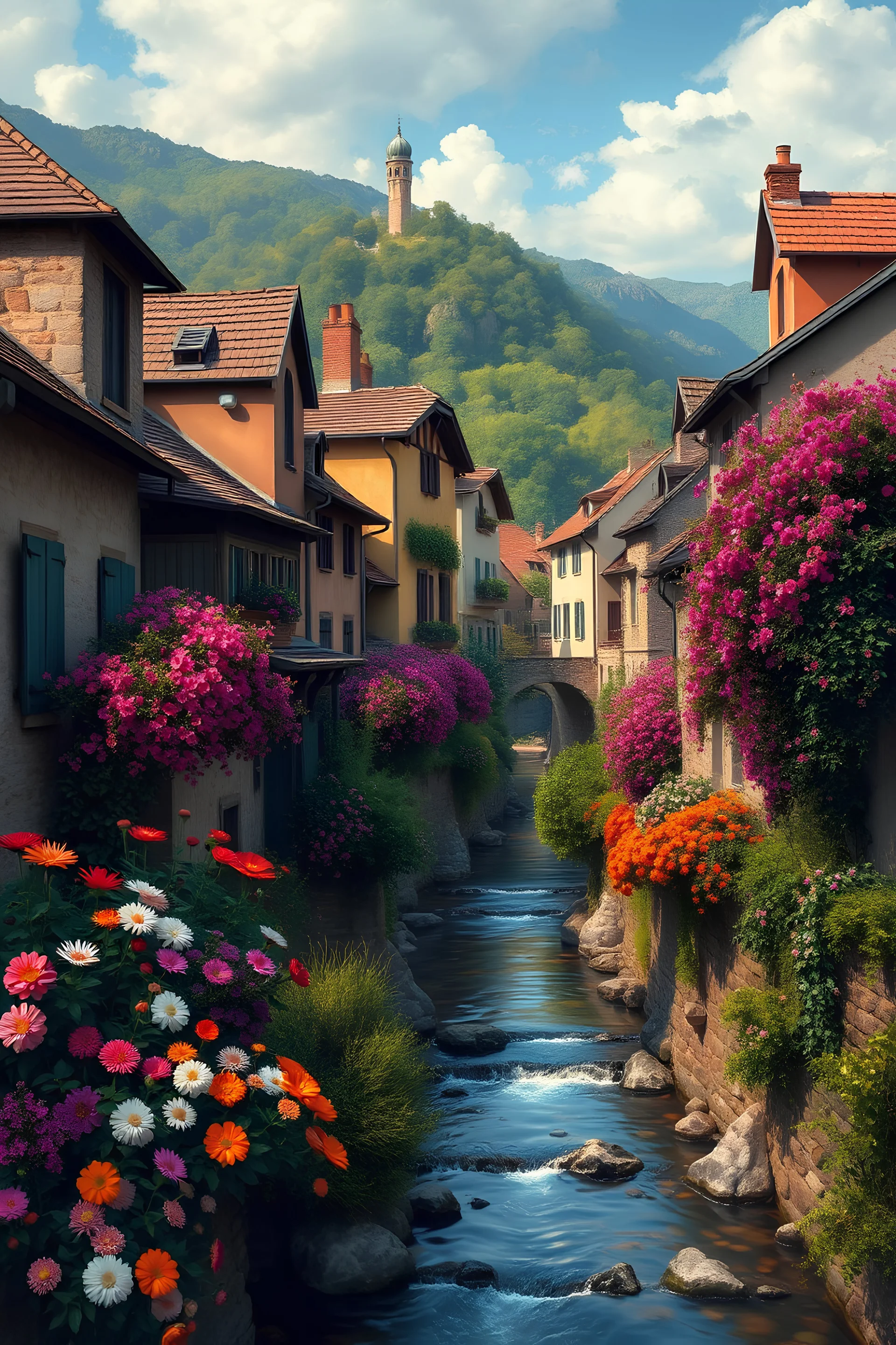 Highly detailed beautiful painting landscape, vintage style, vibrant colors flowers, film composition, digital painting, elegant, beautiful, high detail, small stream, Small European town, Small European village. symmetry central to composition, intricate details, volumetric lighting casting soft glows and sharp contrasts, rich deep colors, sharp focus capturing the scene's essence, ultra detailed akin to the styles of digital art, clearly, photorealistic, hyperrealism, fantastic, masterpiece.