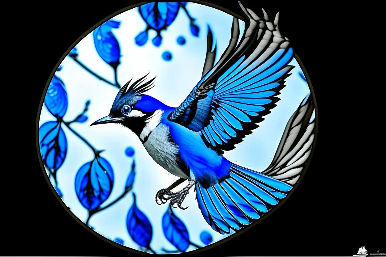 vitrail d'un geai bleu ailes déployées art déco d'après mucha