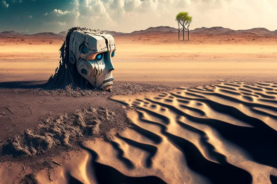 A picture of an AI in the foreground, in the background drought-cracked earth