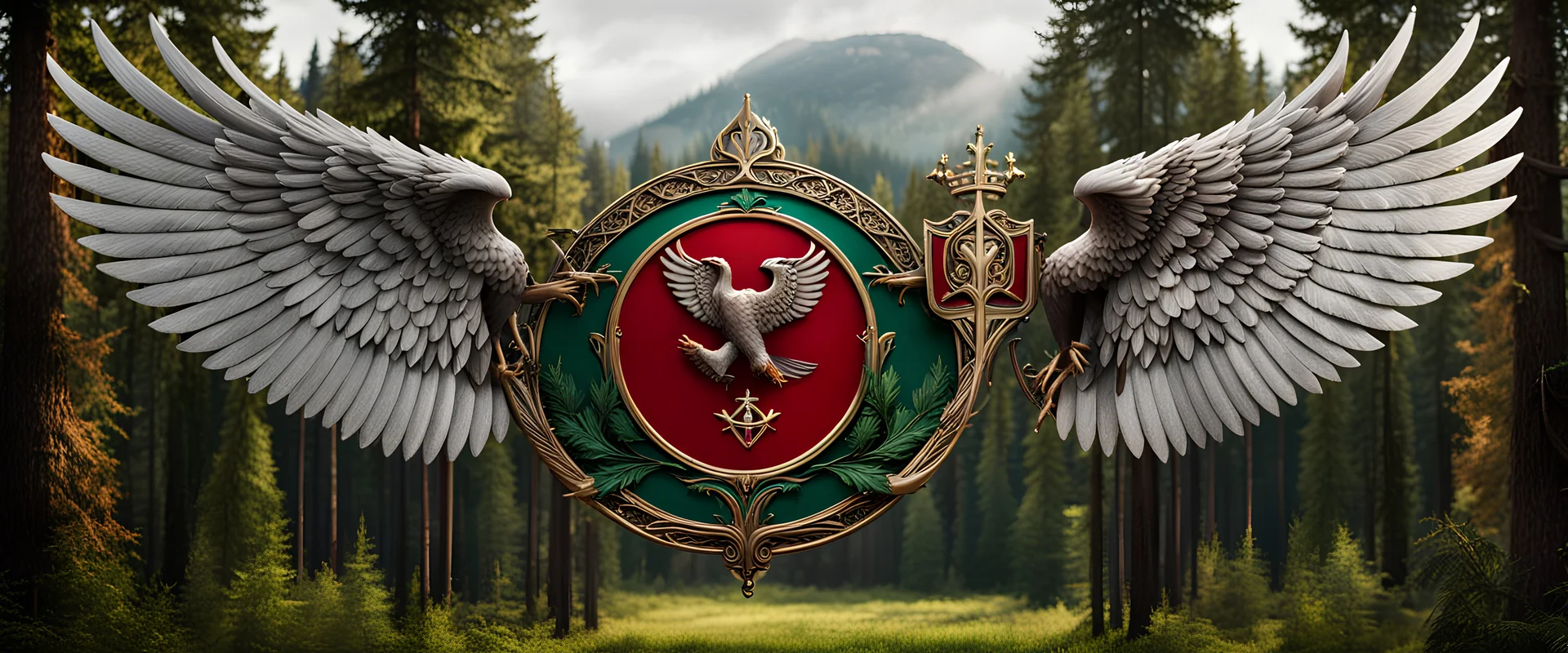 High-end state-of-the-art aesthetics flawless, pure symmetry two sharpened swords crossing a heraldic emblem epic two headed eagle 30 metres far away from camera,forest background,close-up shot, realistic,supreme cinematic-quality photography, steel red green metallic, Art Nouveau-visuals,Vintage style Octane Render 3D technology,hyperrealism photography,(UHD) high-quality cinematic character render,Insanely detailed close-ups capturing beautiful complexity,Hyperdetailed,Intricate, 8k