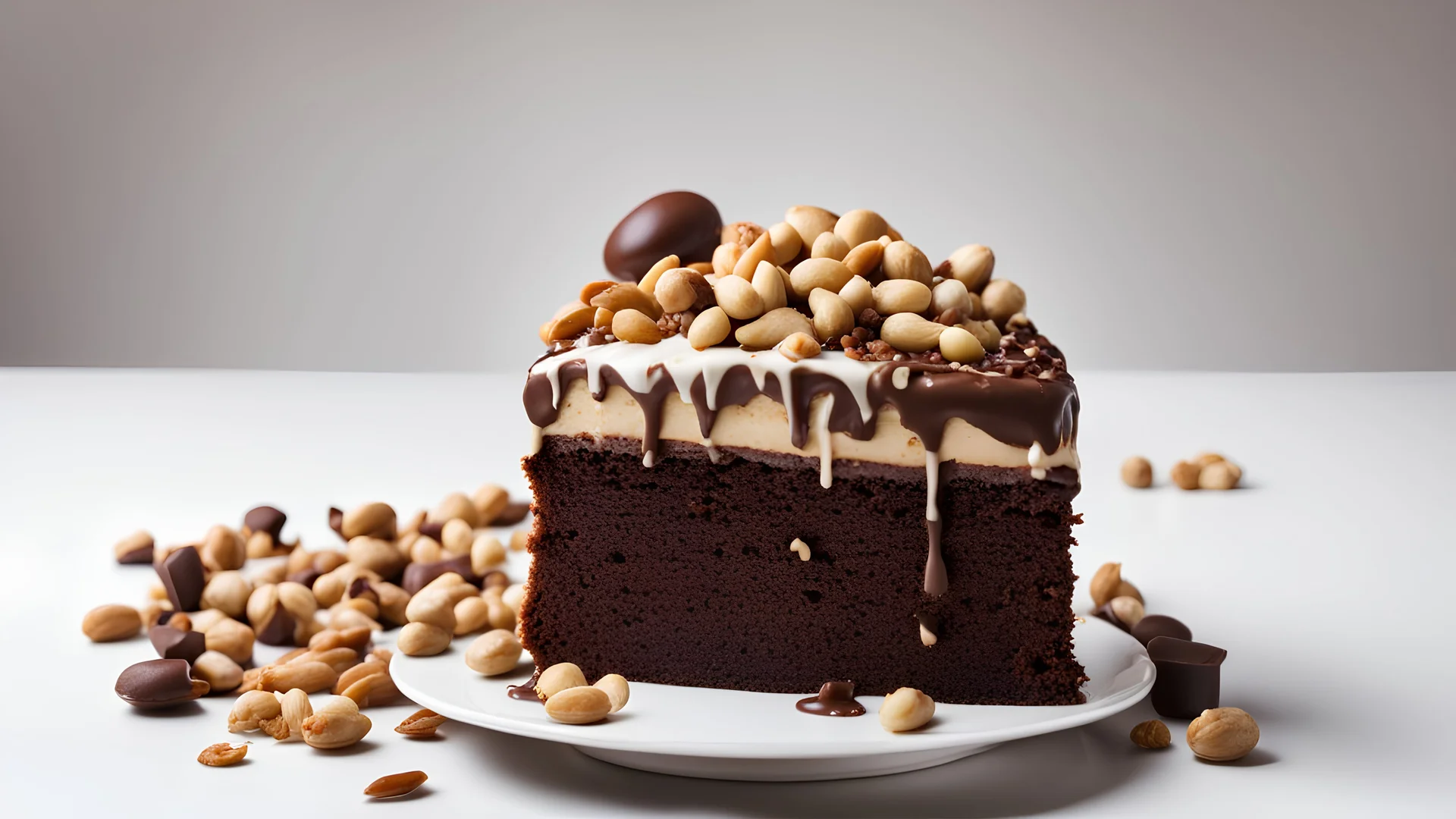 Chocolate cake with peanuts and topping isolated on white background