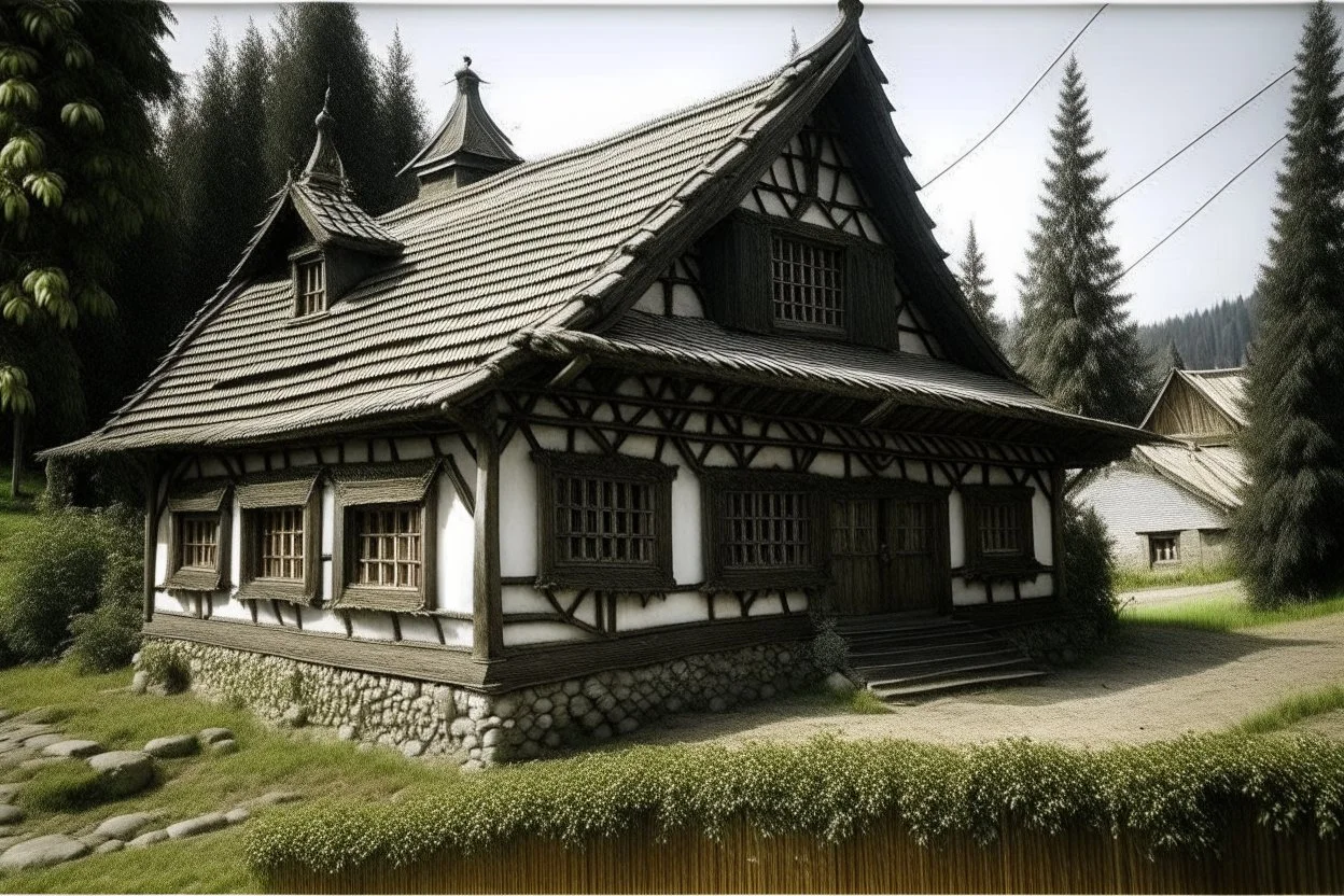 schita cu tema casa taraneasca din Bucovina , incadrata bine in rama , hasurat cu linii fine , cu mare acuratete si contrast , stil gravura pe metal