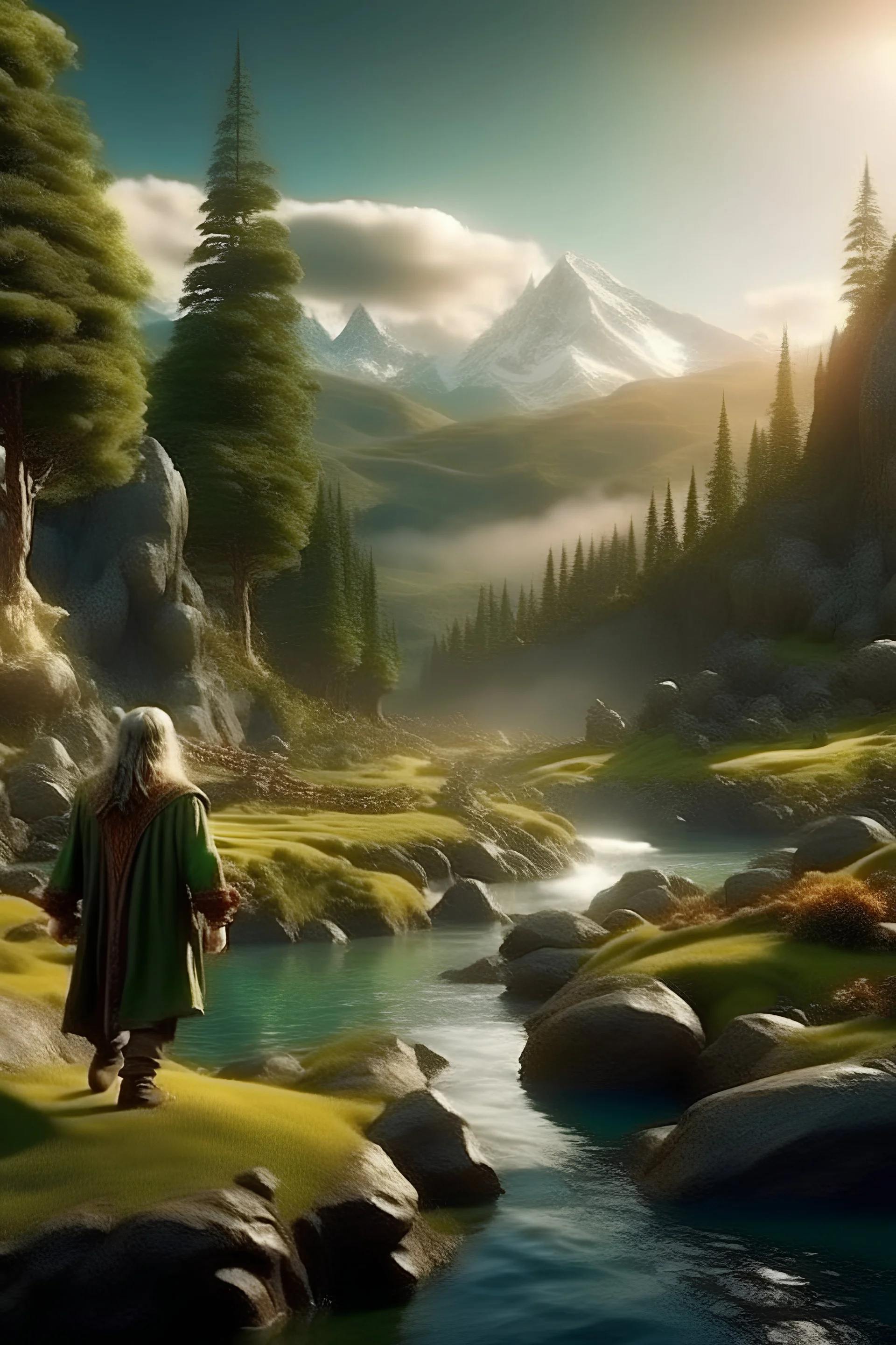 the hobbit is walking along the realistic magic forest with a river and mountains,