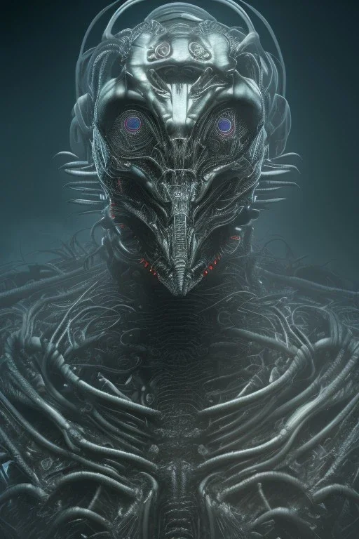 evil predator with crown, alien, brutal face, tron, head, bitcoin eyes, 8k, finely detailed, dark light, photo realistic, hr giger, cyberpunk