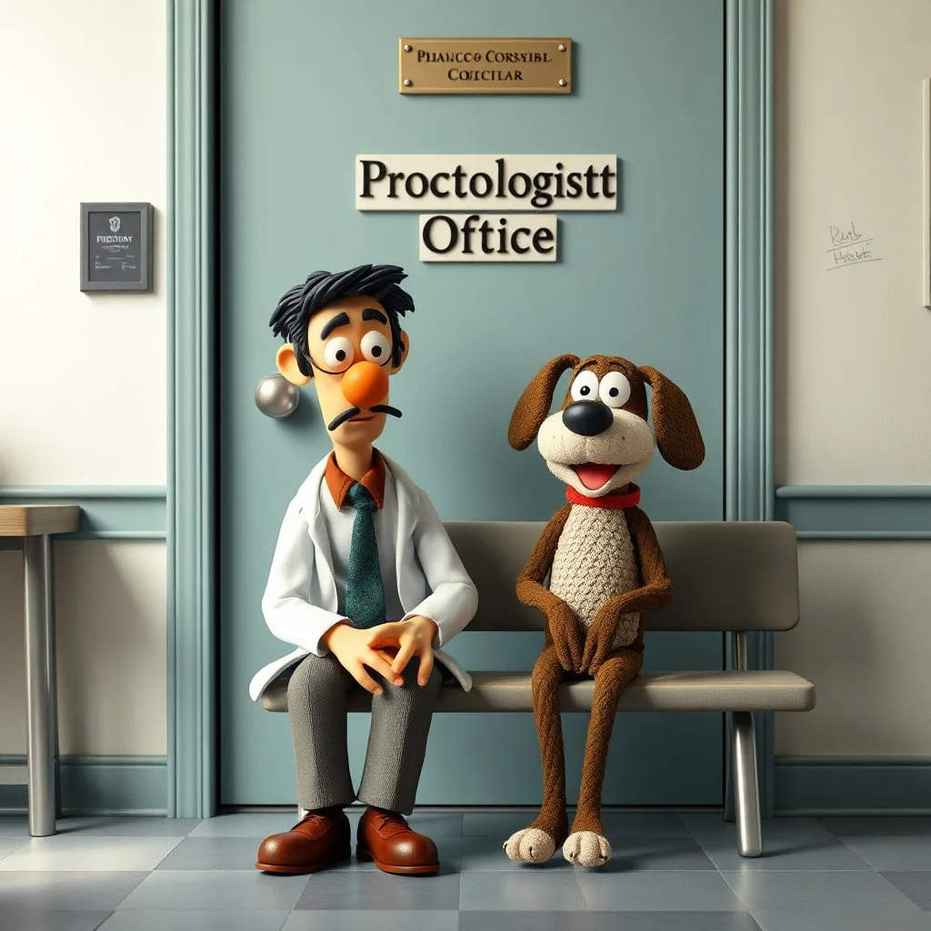 Claymation, scene where man Wallace and his anthropomorphic dog Grommet are sitting on a bench inside doctor's office, office door with plaque "Proctologist Office", based on Wallace and Grommet movie characters, profound,