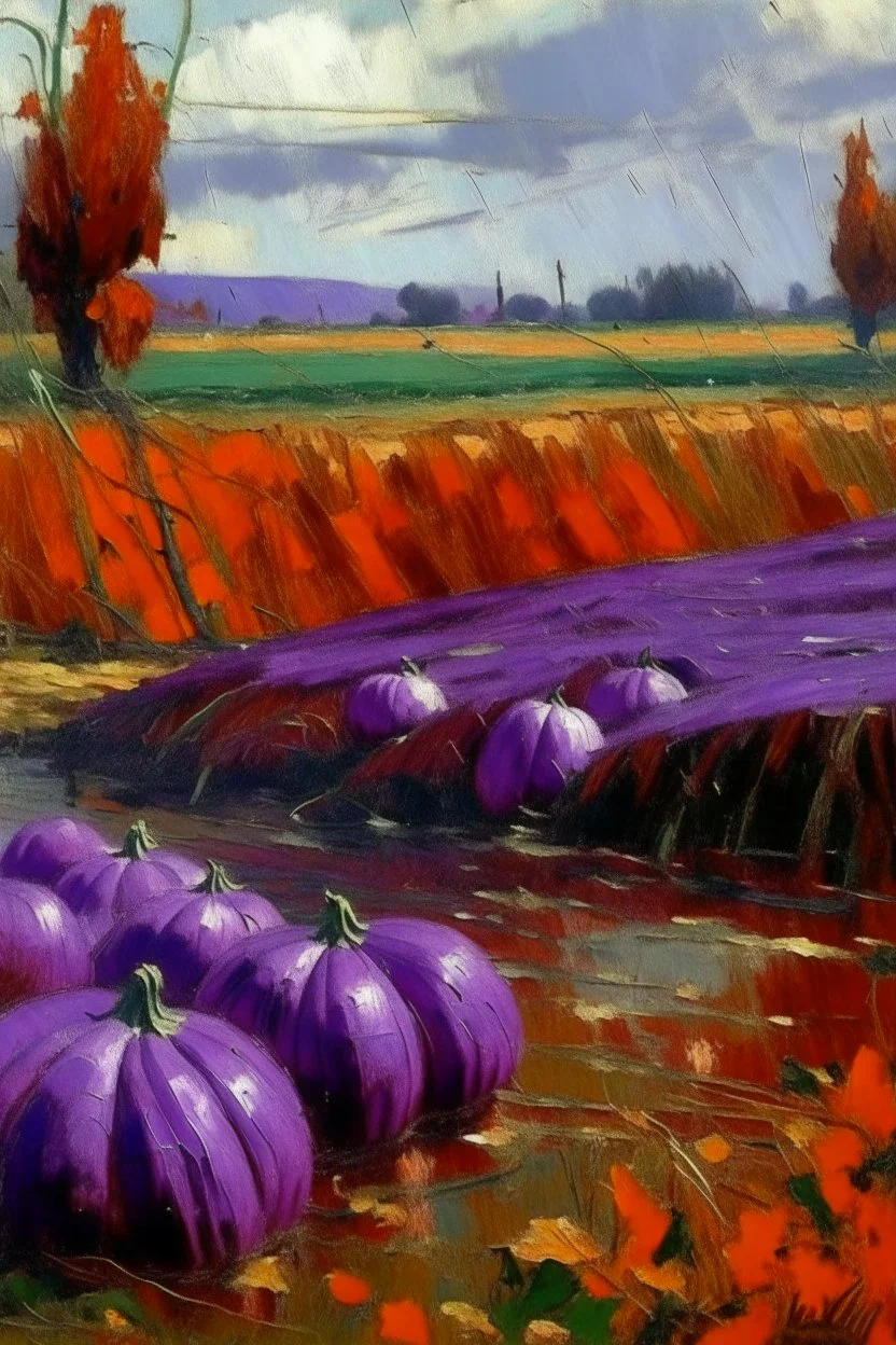 A purple bog with pumpkins painted by Claude Monet