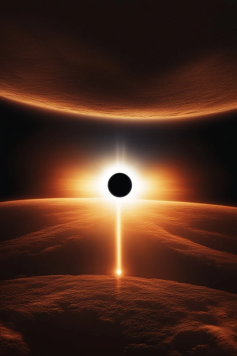 The Moon, centered, casts a dark umbra on Earth, depicting the path of totality. The Sun, in radiant oranges and yellows, forms a stunning corona effect around the Moon, all aligned casting a fading black hole sun halo in the space, orbit space vfx, exosphere, cosmic, astral, quantic, cold and warm,energy-filled epic science fiction film concept digital art by maciej kuciara and vincent di fate,1998 NASA photo, hasselblad electric camera 70mm film, skylab flashlight photography, in the style of