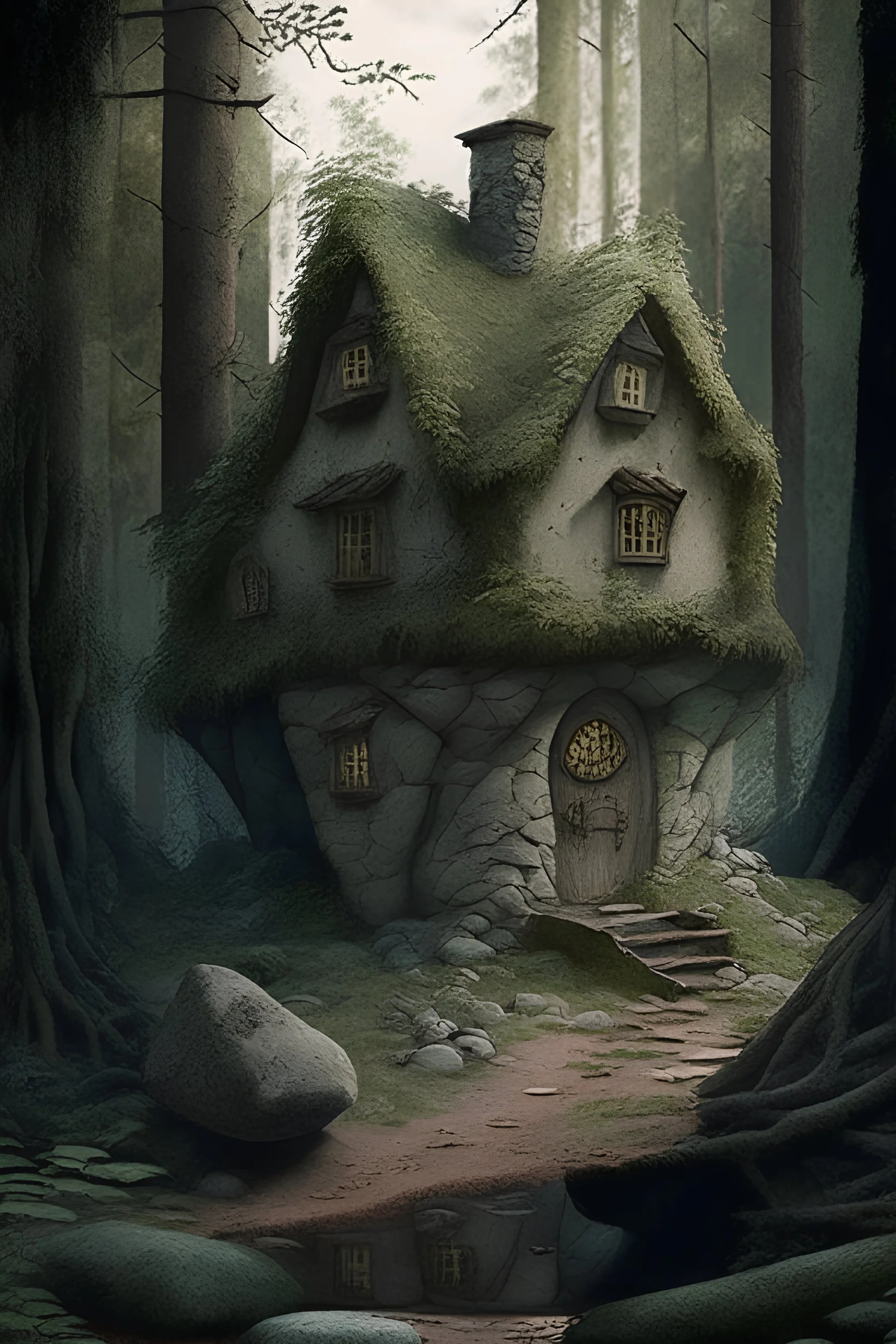 A house made of stone and mud in the middle of the forest, by Disney