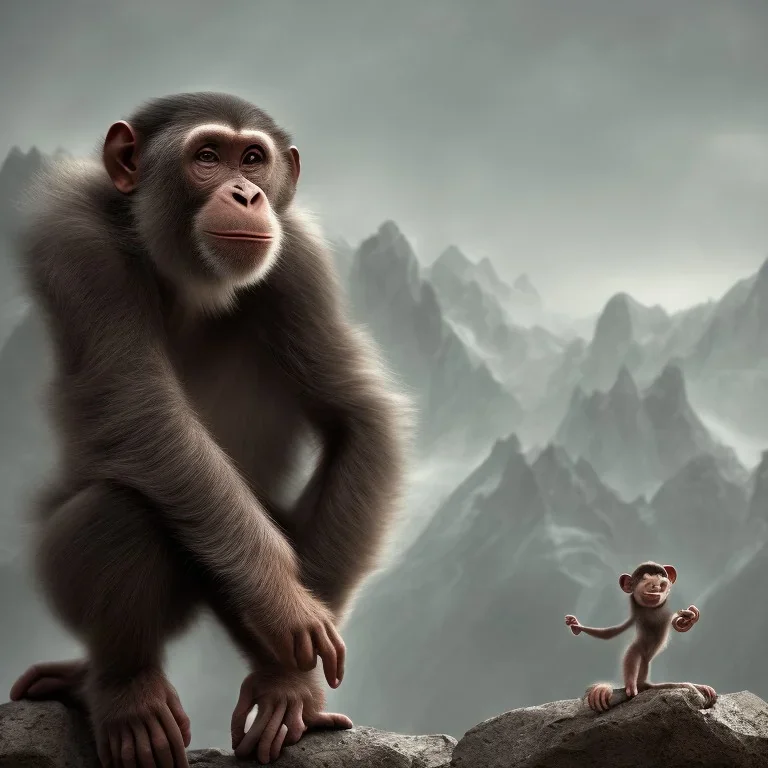 a smart chimp on a mountain, cartoon, midjourney, dramatic light, close up, smoky background, cinematic