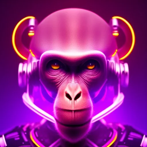 A beautiful portrait of a cyborg monkey purple neon color scheme, high key lighting, volumetric light high details psychedelic background