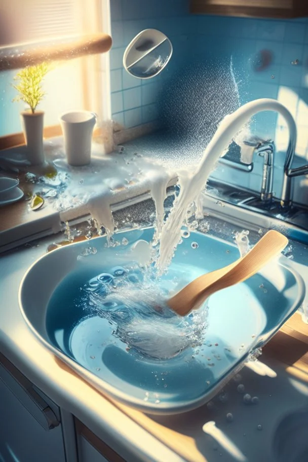 in focus, a jet of water flows into a spoon and splashes everywhere in a sink tray with plates of foamy water in the bottom in a modern kitchen in sunshine