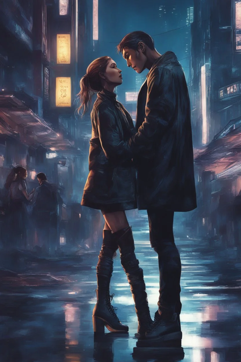 Science fiction, cyberpunk, city street, couple girl and guy, together, love at first sight, summer night, embrace