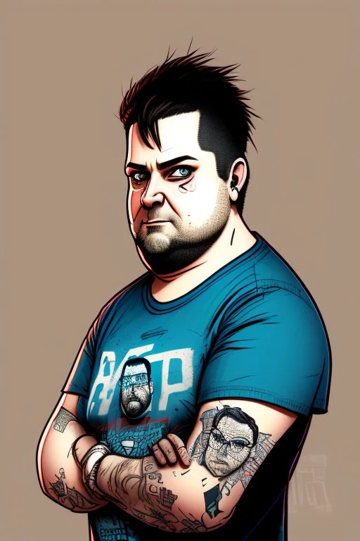 Man, fat, 40 years old, brown hair, geek, portrait, illustration, cyberpunk, blue eyes, t-shirt, sketch