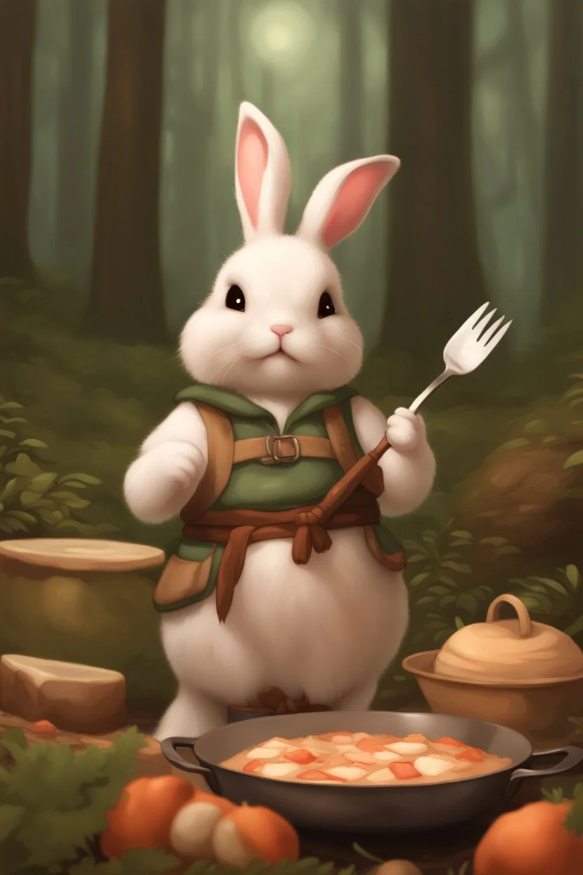 Cute chubby bunny floppy ears adventurer dnd cooking in a forest art realism