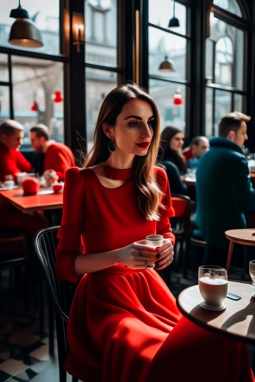 woman whit a red dress having a coffe in a cafe near the windoe and the people in other tables unfocaused