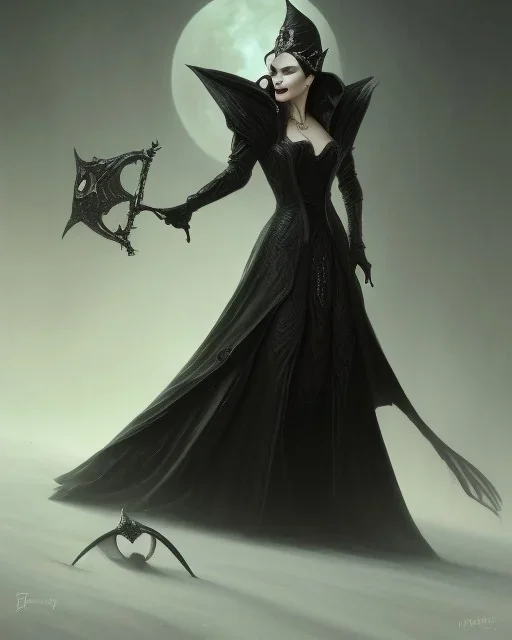 old evil queen in black leather gown, femme fatale, volouptous, busty, cleavage, angry, emperious, 8k resolution concept art portrait by Greg Rutkowski,