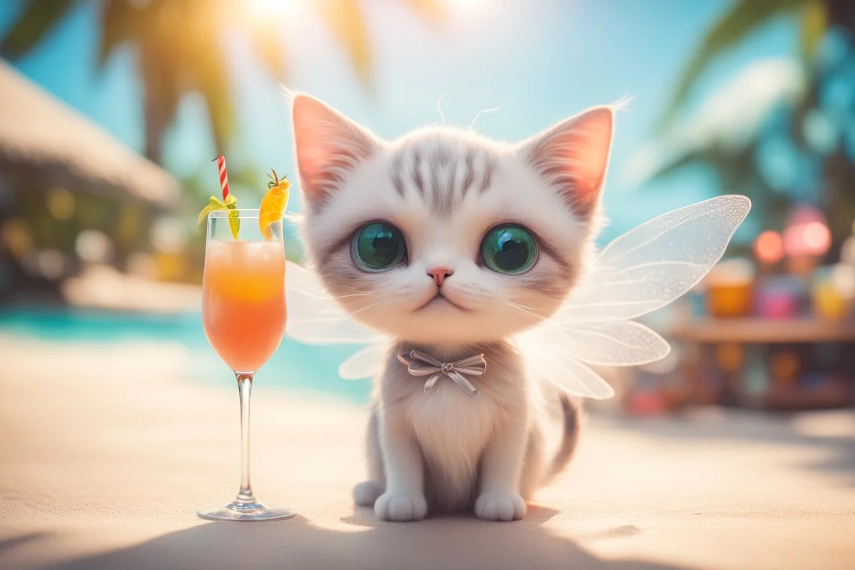 cute chibi cat fairy in a tropical beach with cocktail in sunshine, ethereal, cinematic postprocessing, dof, bokeh