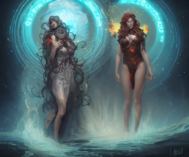 Four doll divine representing each one the four elements: Fire: Earth: Air: Water. Mark Brooks and Dan Mumford, comic book art, perfect, smooth elemental galactic space core. Detailed photograph, WLOP, Unreal Engine 5 volumetric lighting Insanely intricate face hair lashes hyper detailed painting by Ismail Inceoglu Huang Guangjian and Dan Witz Central fantasy art album cover art resolution HD