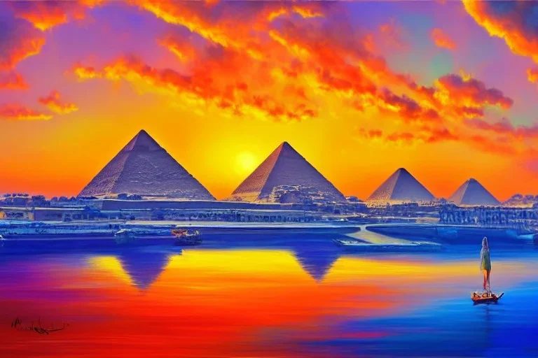 An ancient Egypt city at sunrise with 2 pyramids in the background, by matthieu lauffray, beautiful Egyptian temples, art Station, vibrant colours, oil on canvas, epic, blue sky