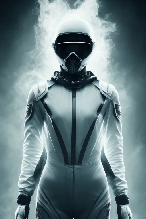 All Black racing suit AnnaSophia Robb, portrait, ghost mask, wearing high tech mask, white smoke, dark, rage, sorrow, high definition, ultra 8 k, volumetric lighting, blue fire, fog