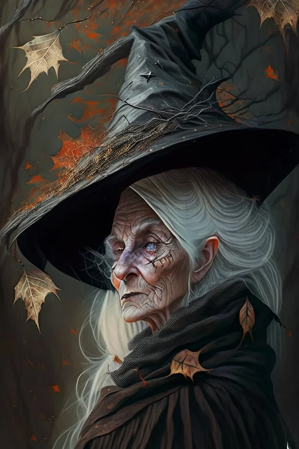 Old White-haired Witchery Witch in her pointed hat ready for the Coven in rusty autumn leaves and silver cobwebs. with burnished browns and abyss black.