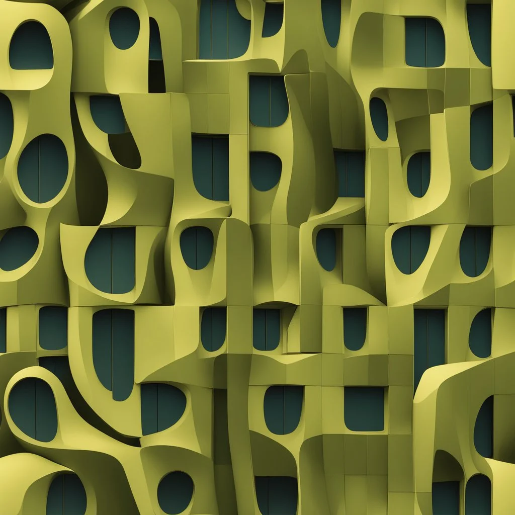 A building inspired by olive kernels, rendered in a contemporary abstract style.