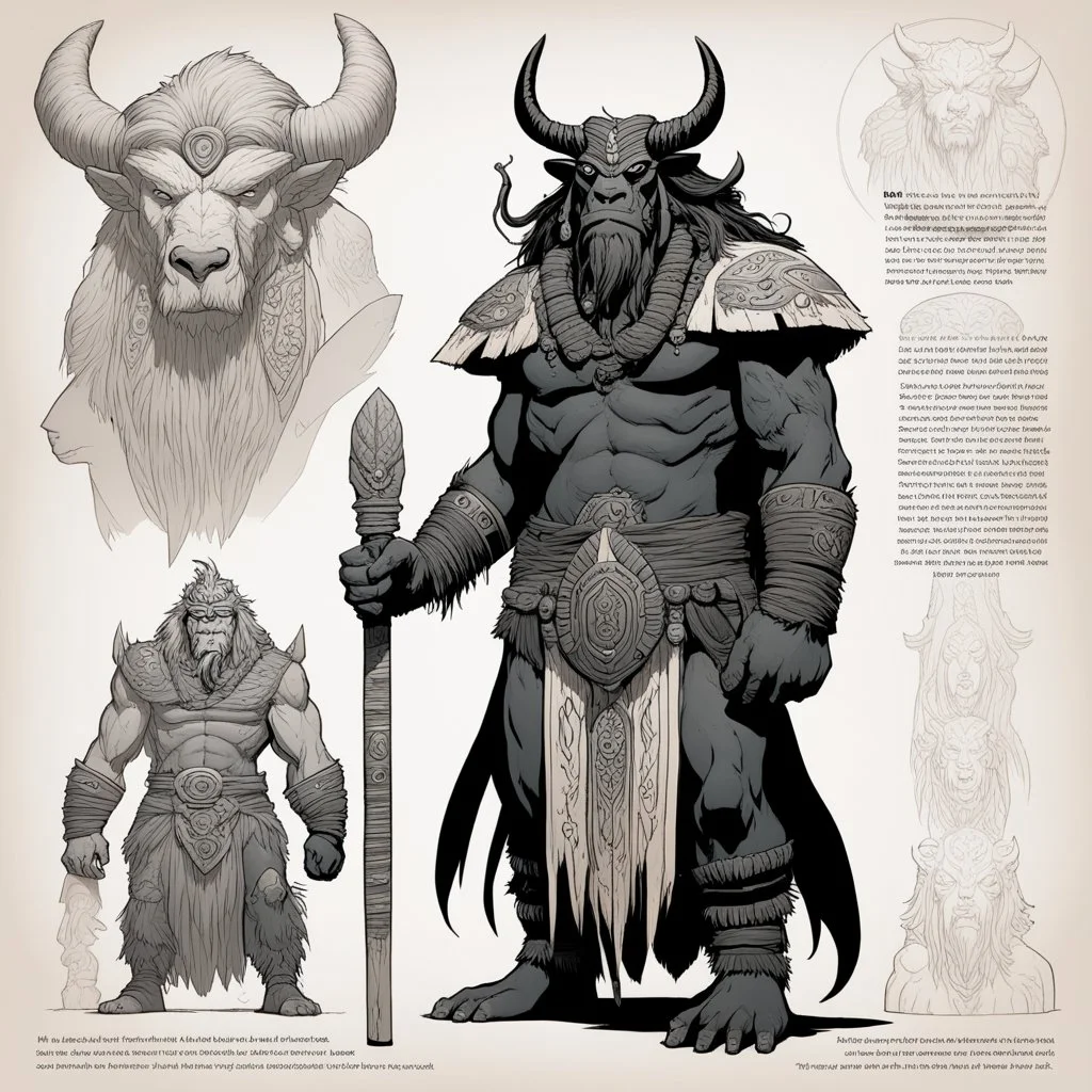 character concept sheet with AD&D statistics and characteristics[mexican comics Head Lopper style by Andrew MacLean] Borak, a towering tauren chieftain, wields an ancient totem pole with sacred carvings. Surrounded by spiritual energy, he calls upon the power of the Earth Mother to protect his people.